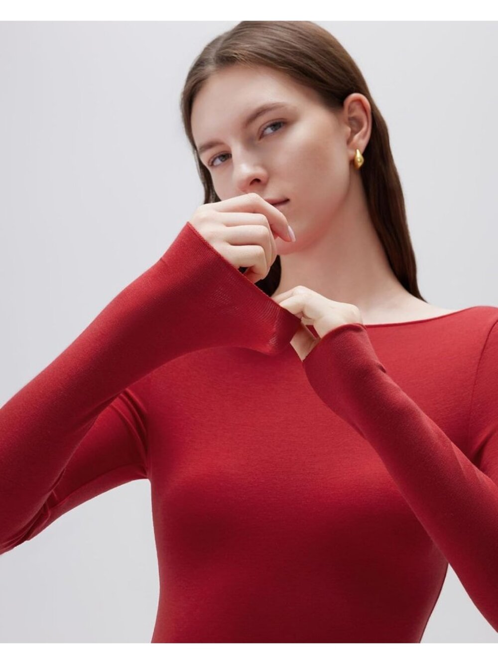 Women's Red Elegant Boat Neck Long Sleeve Shirt Slim Fit Going Out Knit Top - Picture 3 of 6